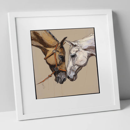 A Quiet Connection horse portrait art print in white frame