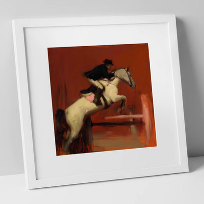 The Crimson Leap show jumping horse art print in white frame