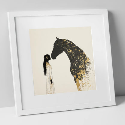 Gilded Bond horse & rider art print in white frame