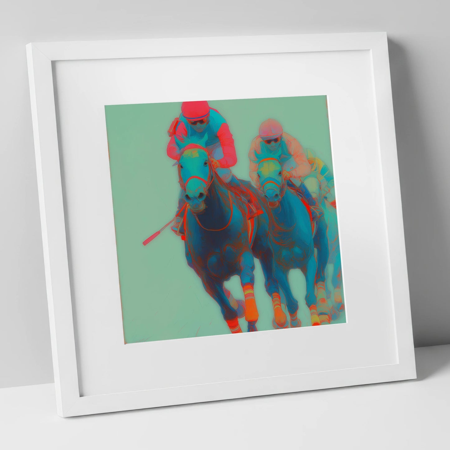Electric Furlong racing horse art print in white frame