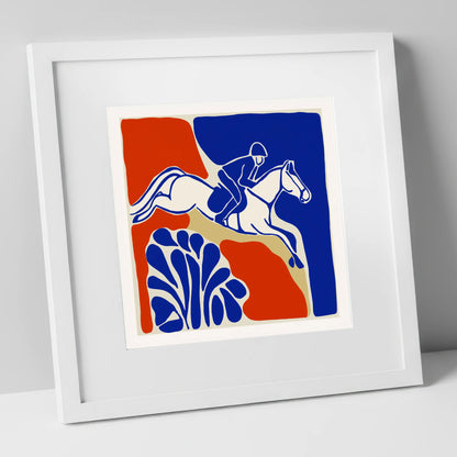 Cobalt Leap show jumping horse art print in white frame