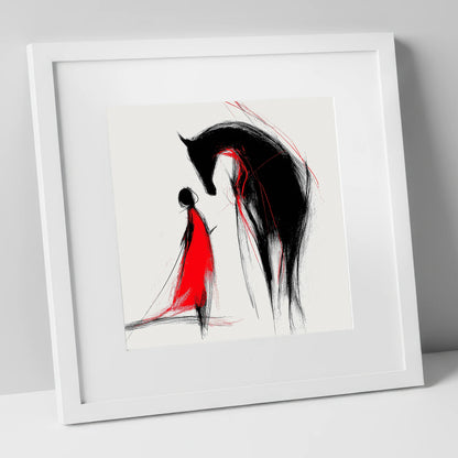 Crimson Bond horse & rider art print in white frame