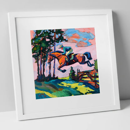 Vibrant Cross Country Leap show jumping horse art print in white frame