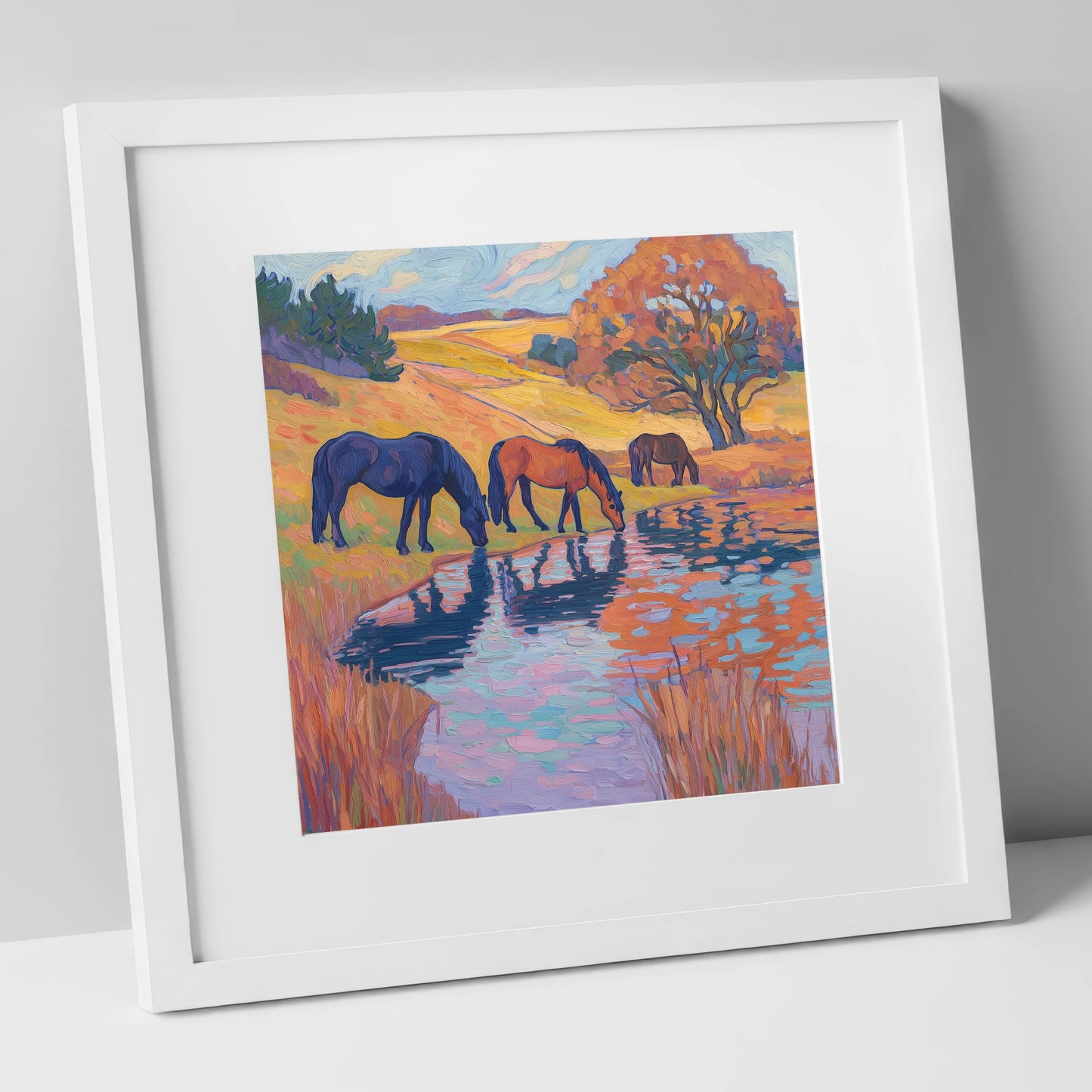Painted Pasture Reflections horse landscape art print in white frame