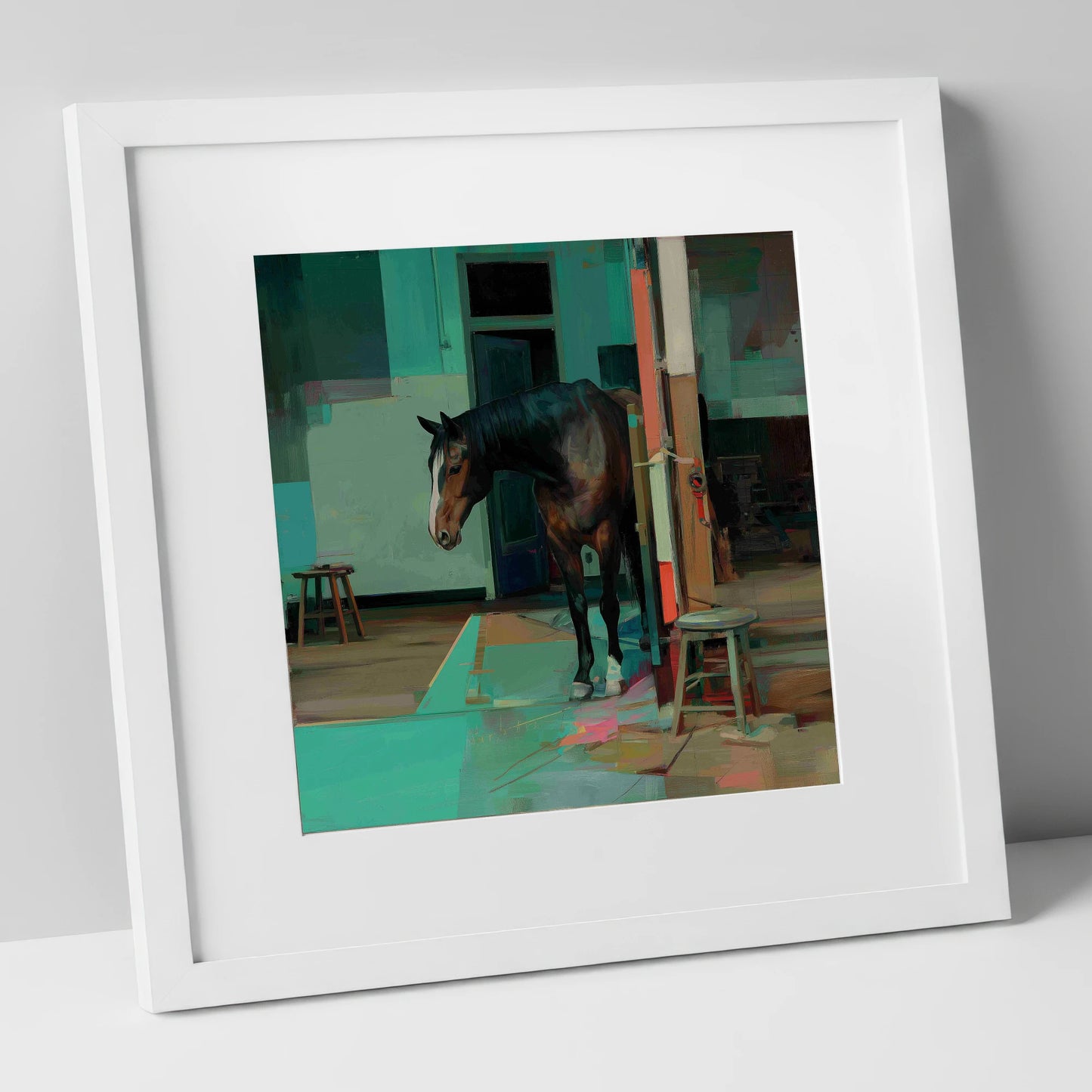 Quiet Yard in Teal horse stable art print in white frame