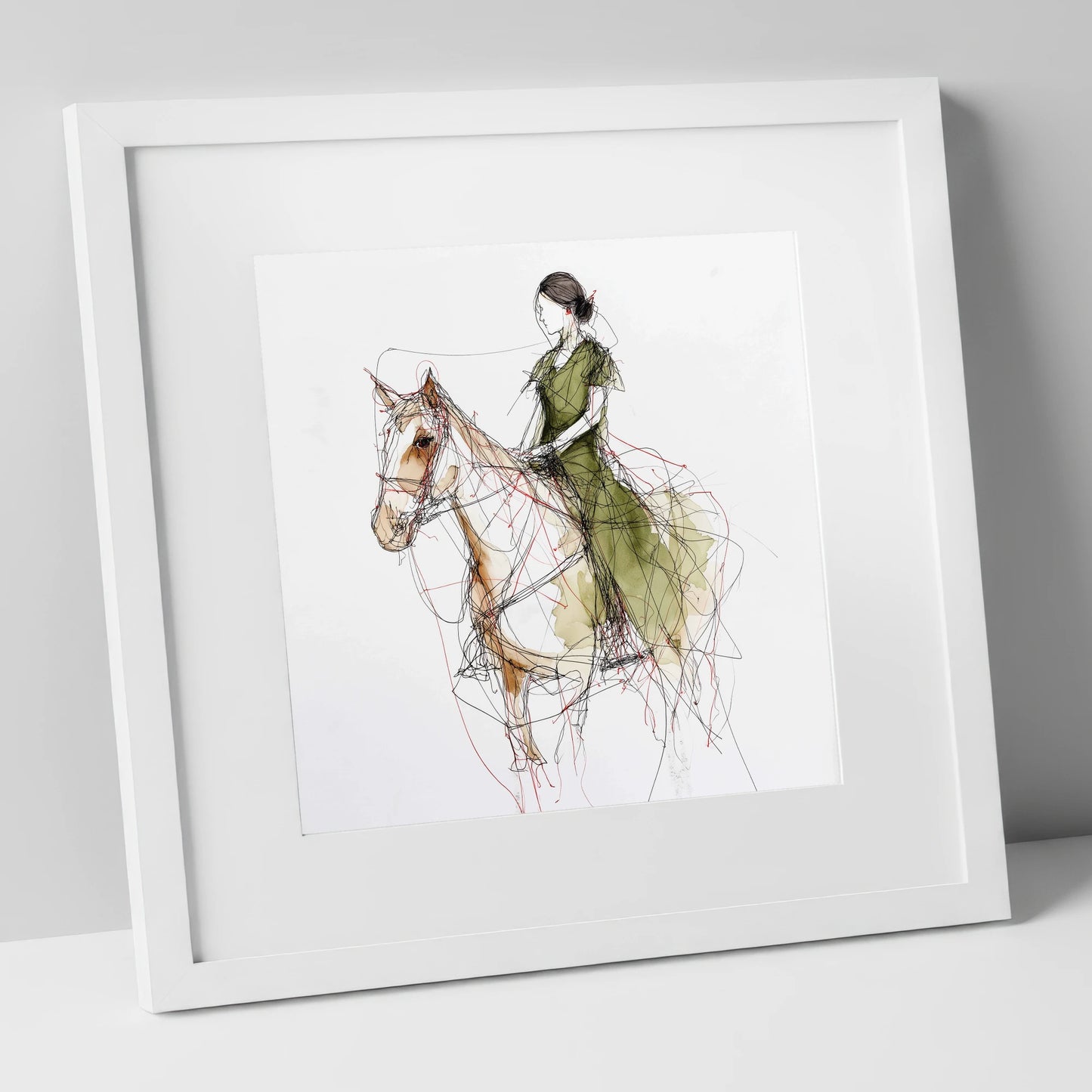 Threads of Connection horse & rider art print in white frame