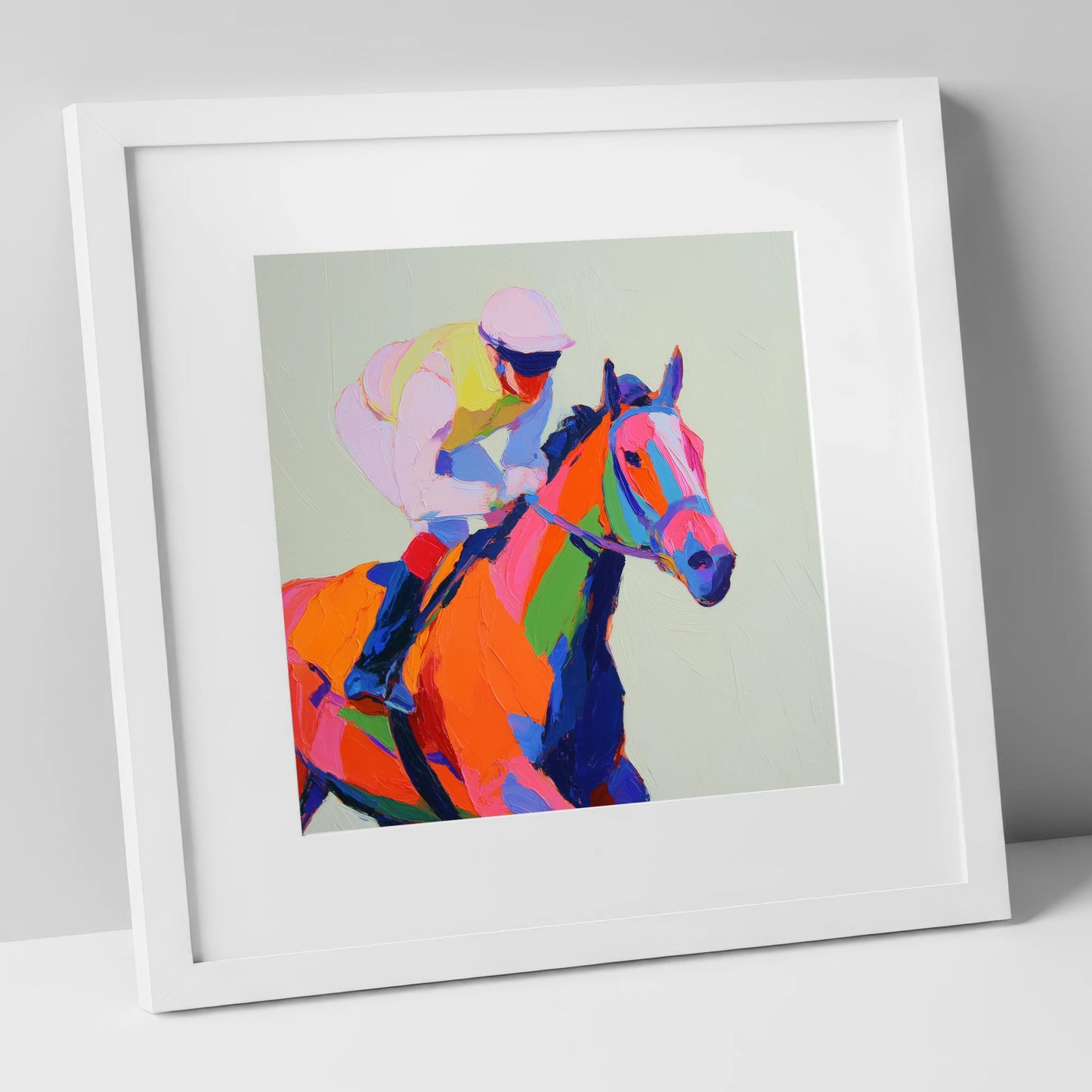 Vibrant Final Furlong racing horse art print in white frame