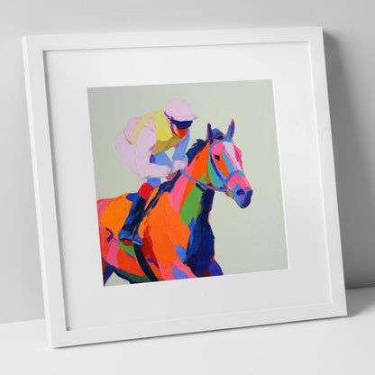 Vibrant Final Furlong racing horse art print in white frame