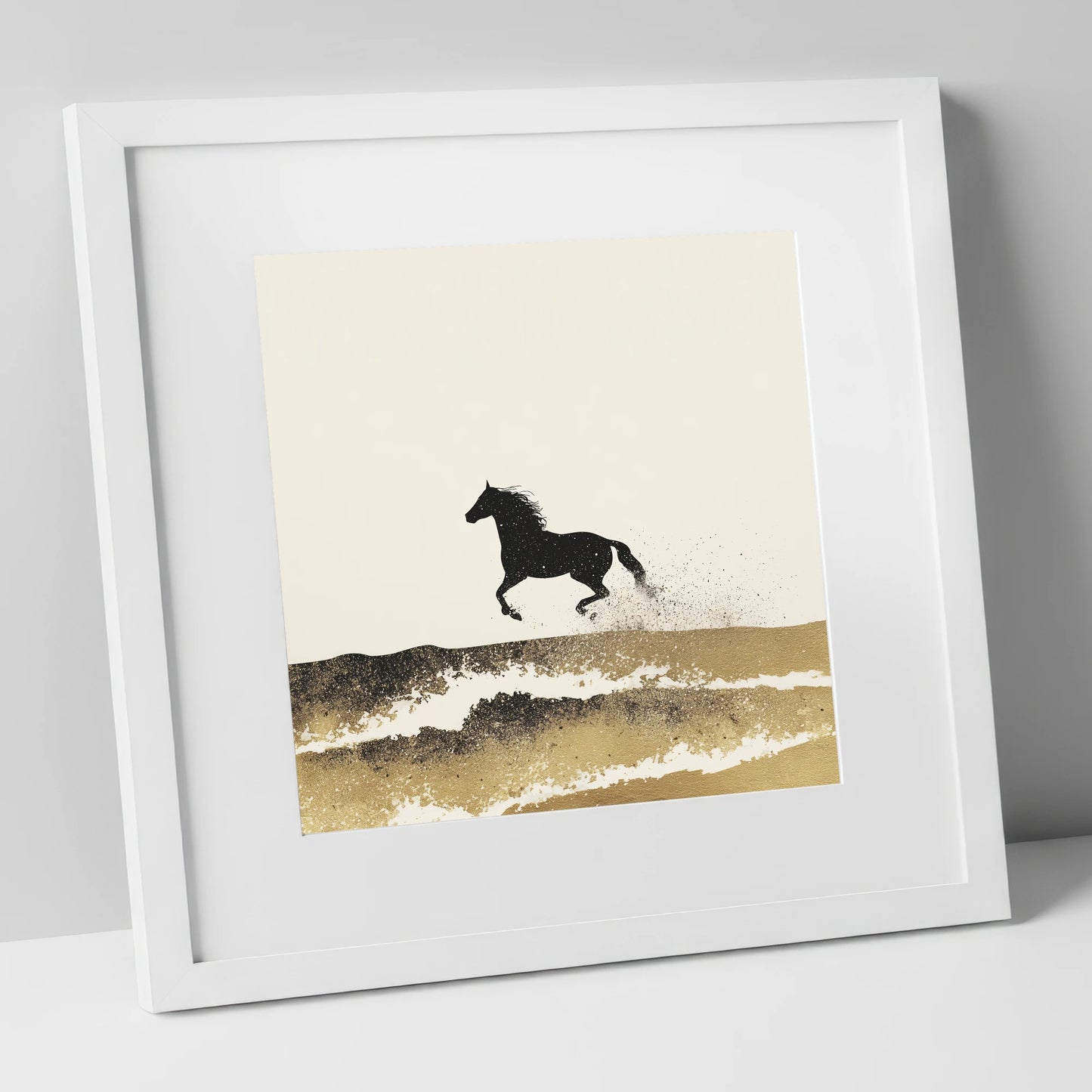 Gilded Coastal Gallop beach horse art print in white frame