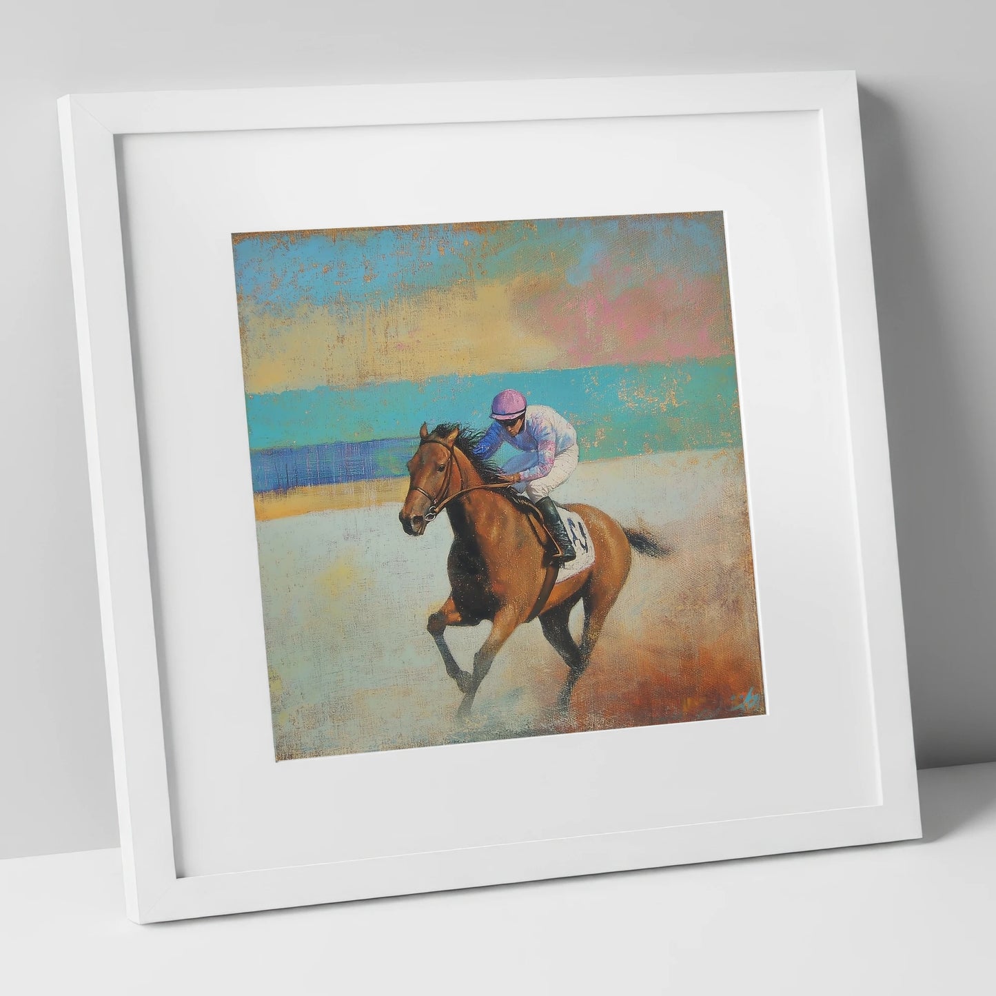 Thundering Towards Home racing horse art print in white frame
