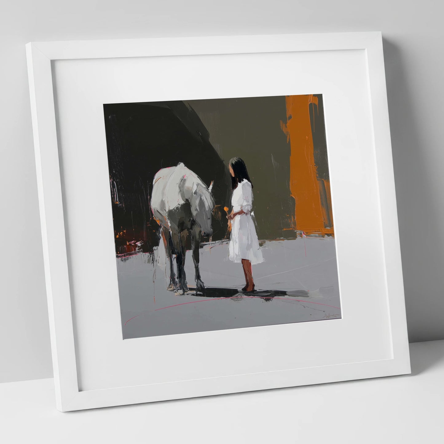 Silent Dialogue horse & rider art print in white frame