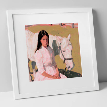 Pastel Companionship horse & rider art print in white frame