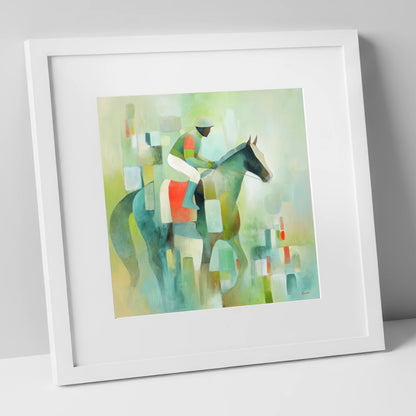 Serene Racing Geometry racing horse art print in white frame
