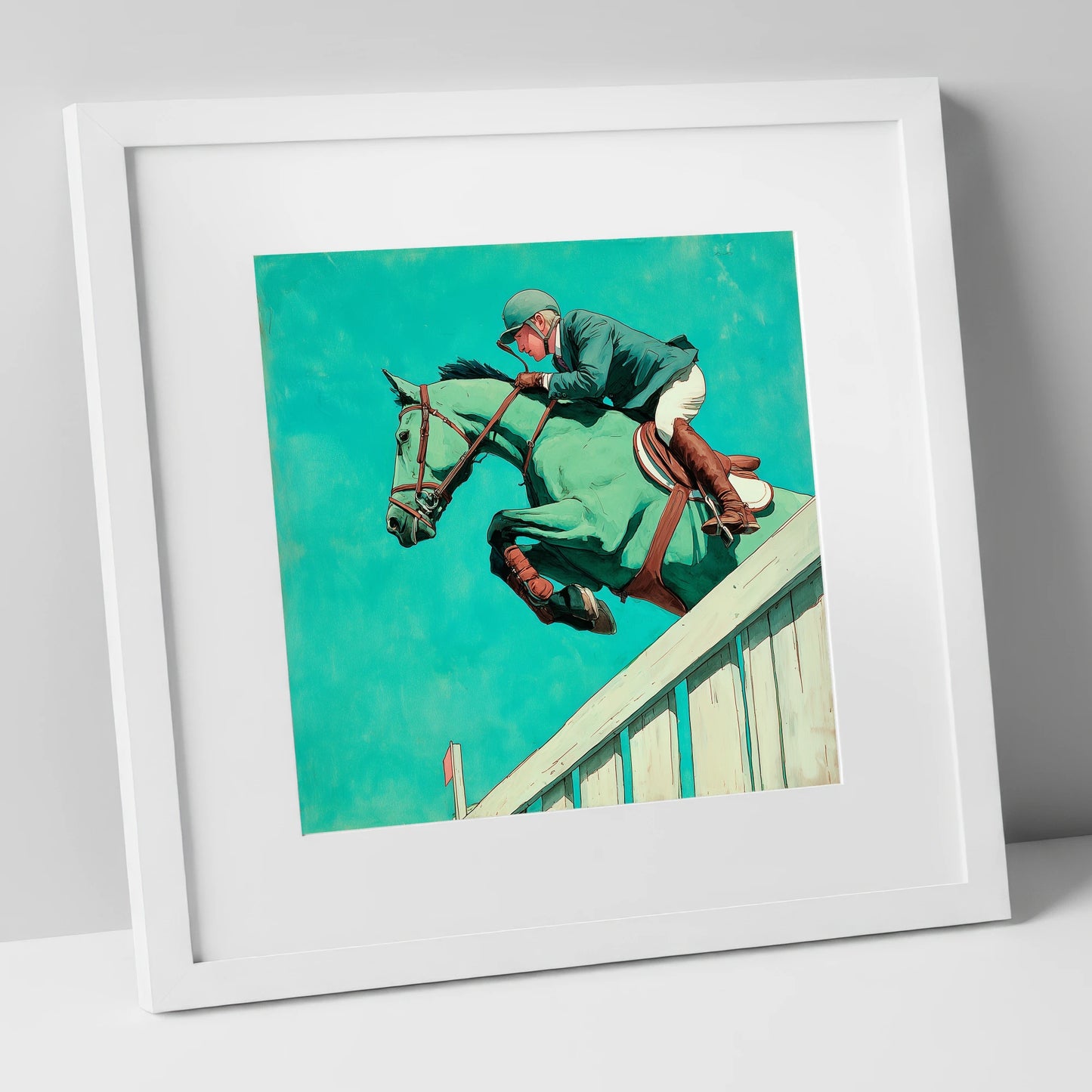 Teal Showjumper show jumping horse art print in white frame