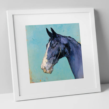 Azure Equine Profile horse portrait art print in white frame