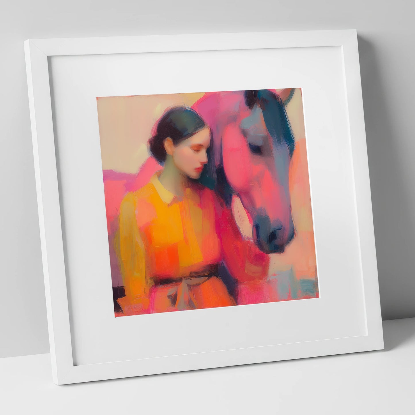 Radiant Bond horse & rider art print in white frame