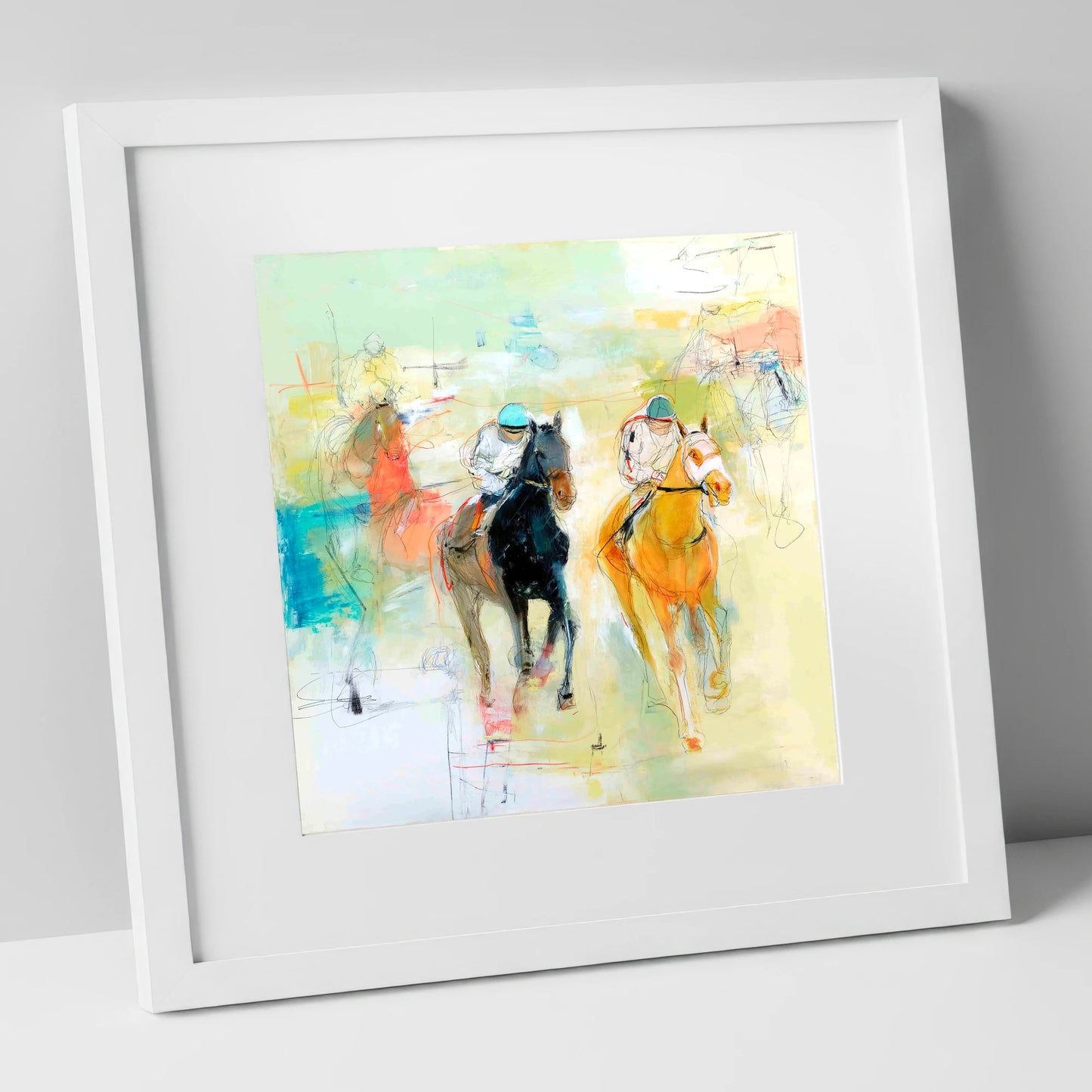 Thundering Strides racing horse art print in white frame