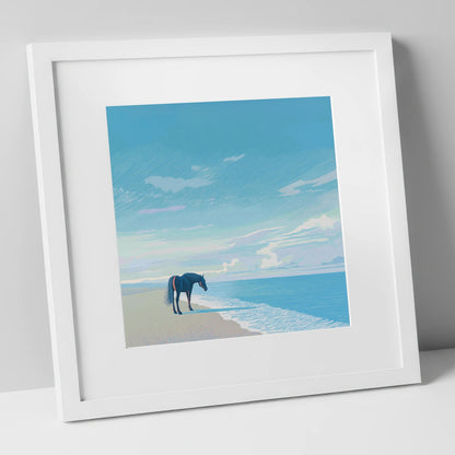 Solitude by the Sea horse landscape art print in white frame