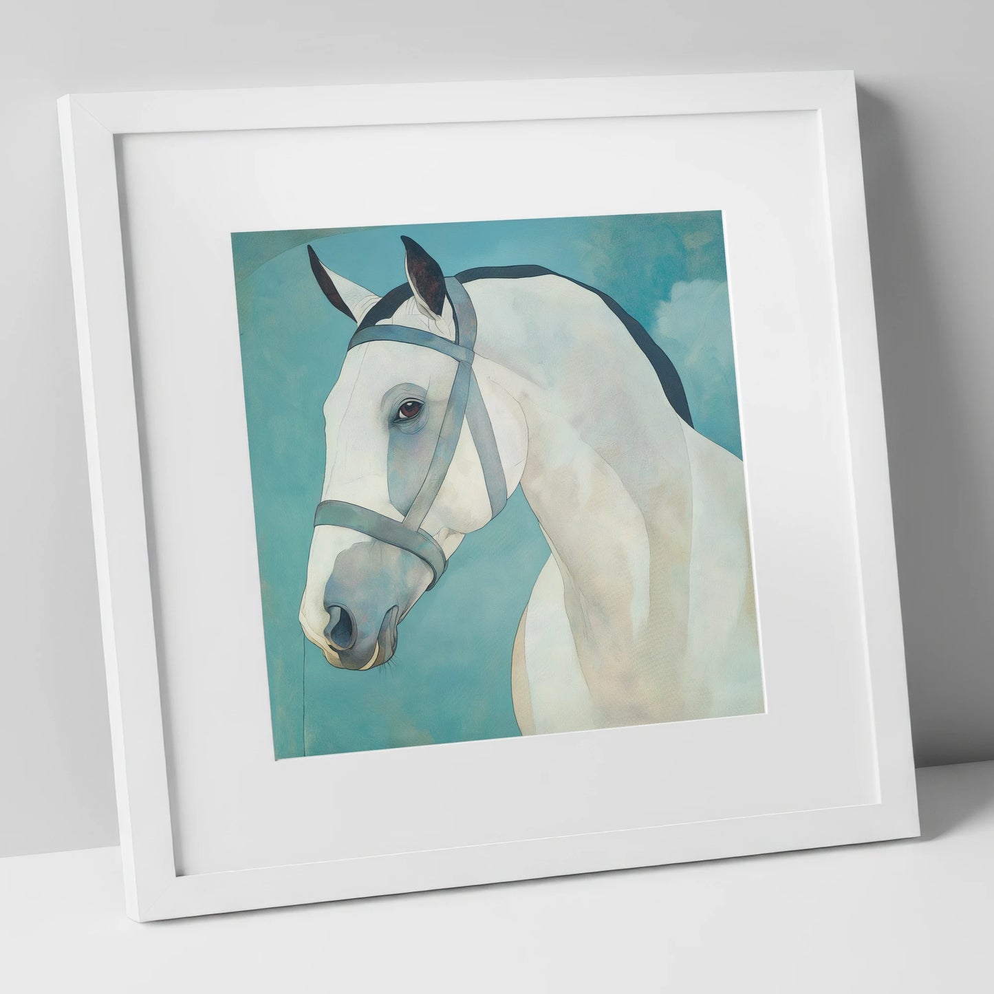 Serene Focus in Teal horse portrait art print in white frame