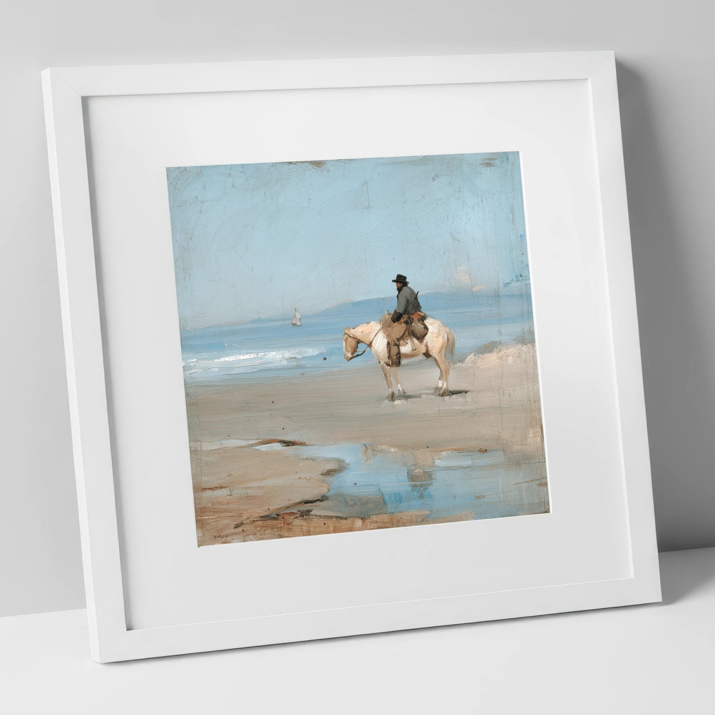 Coastal Hack at Low Tide horse landscape art print in white frame