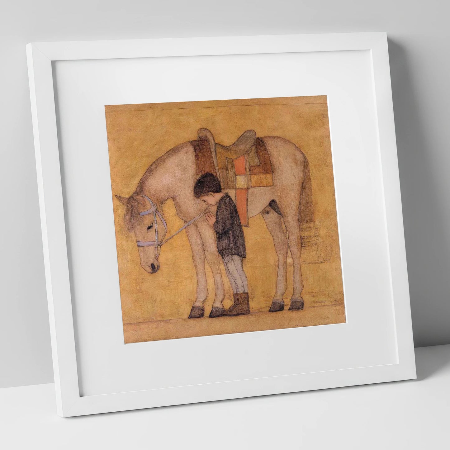 The Quiet Bond horse & rider art print in white frame