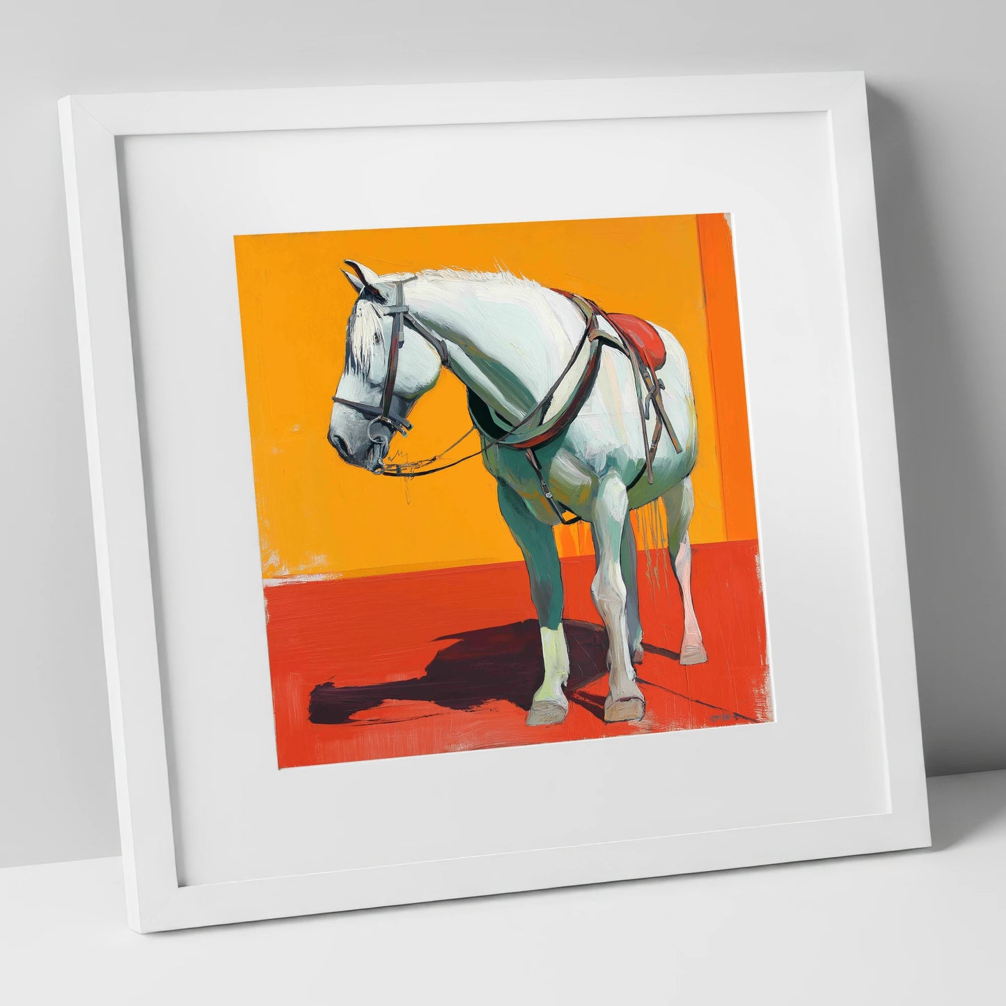 Vibrant Harnessed Grey working horse art print in white frame
