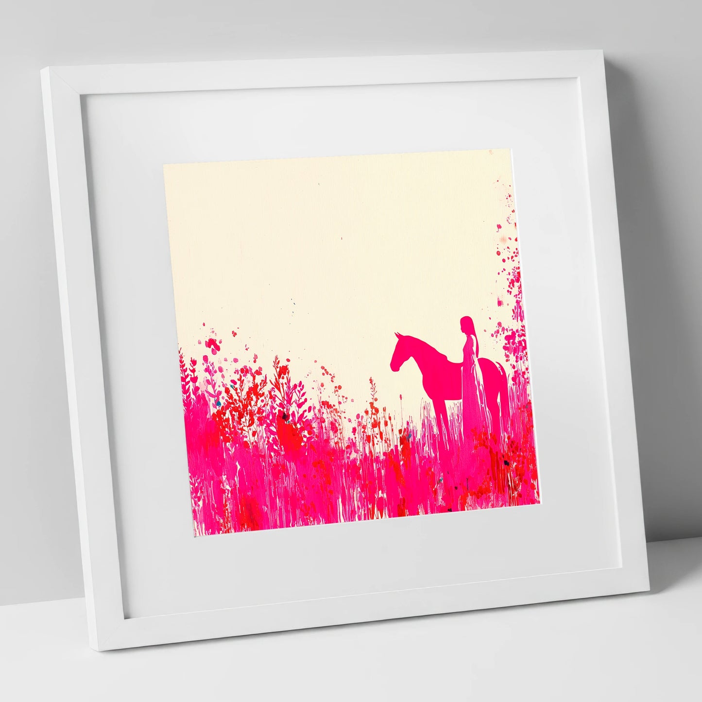 Vibrant Magenta Silhouette horse & rider art print in white frame