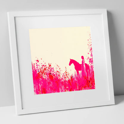 Vibrant Magenta Silhouette horse & rider art print in white frame