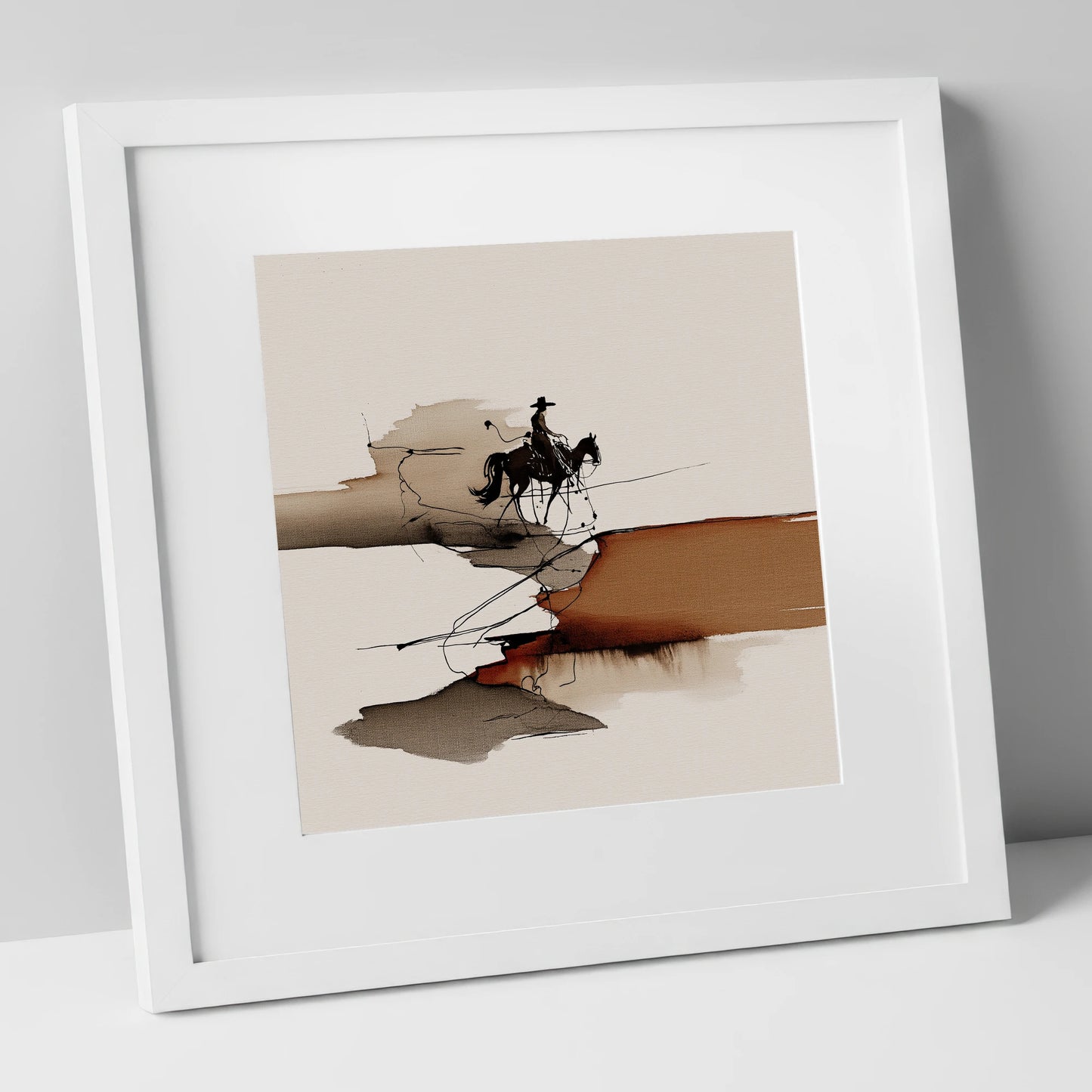 Canyon Trail Silhouette western horse art print in white frame