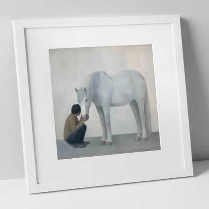 The Quiet Connection horse & rider art print in white frame