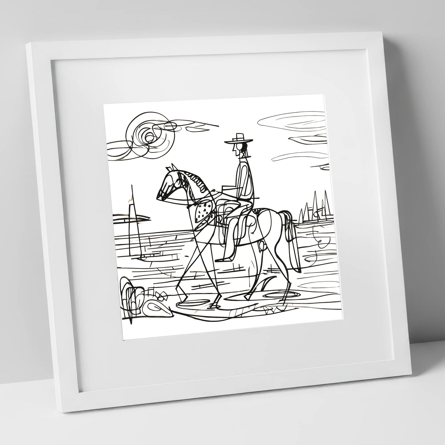 Abstract Coastal Ride beach horse art print in white frame