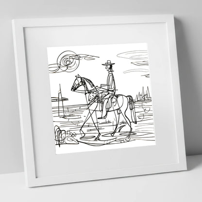 Abstract Coastal Ride beach horse art print in white frame