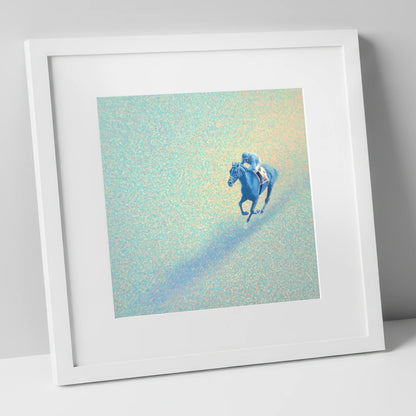 Luminous Racing Stride racing horse art print in white frame