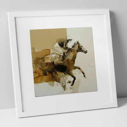 The Full Stretch racing horse art print in white frame