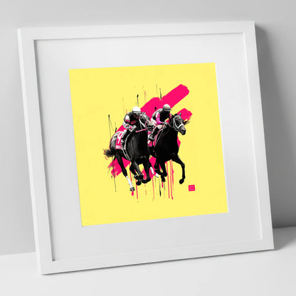 High Stakes Sprint racing horse art print in white frame
