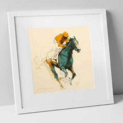 The Amber Surge racing horse art print in white frame
