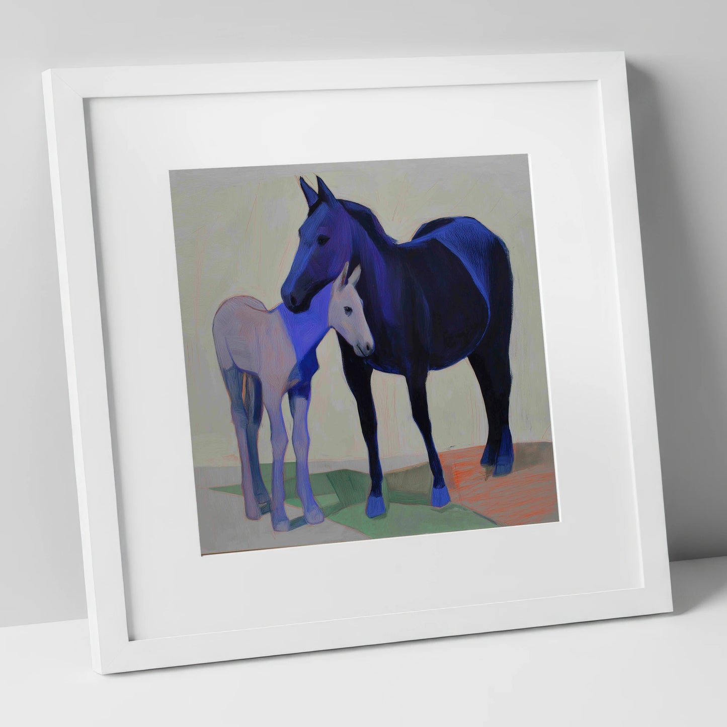 Indigo Embrace mare & foal art print in white frame