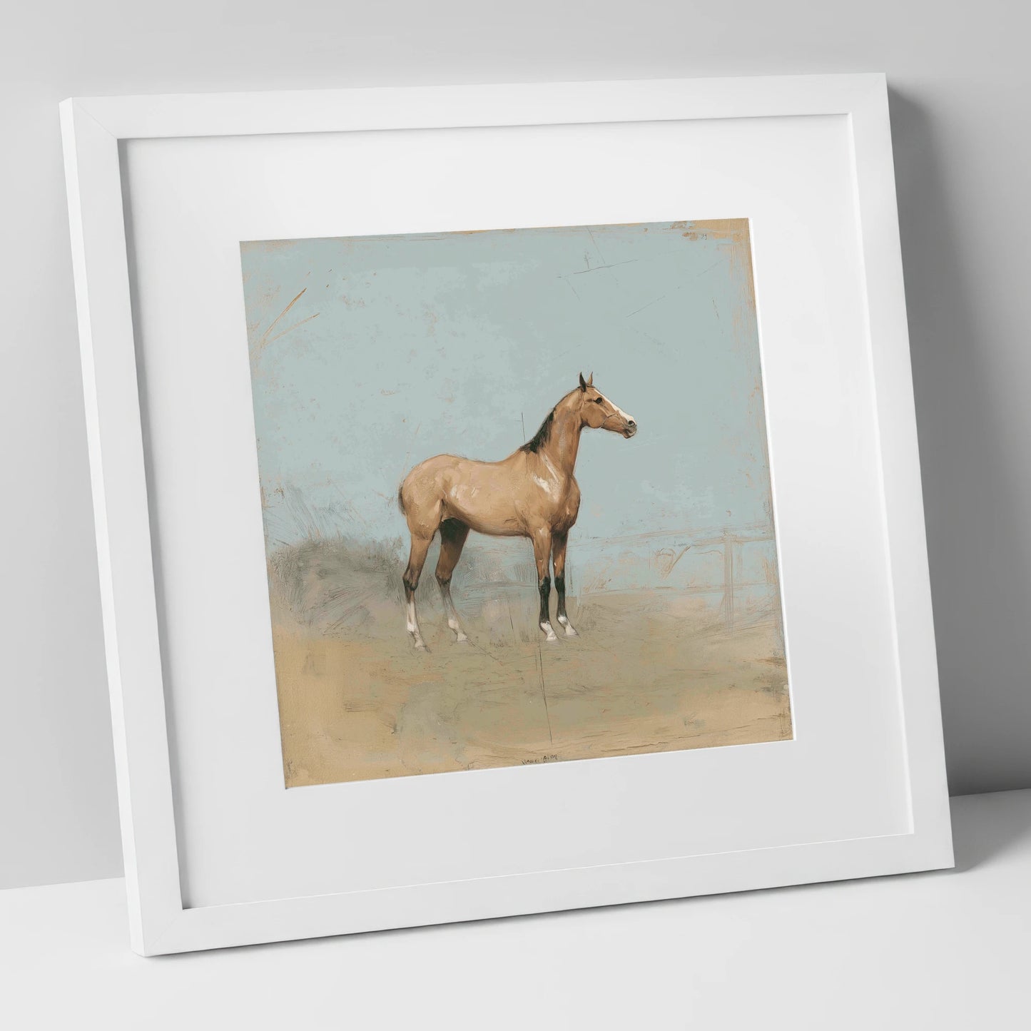 The Paddock Study racing horse art print in white frame