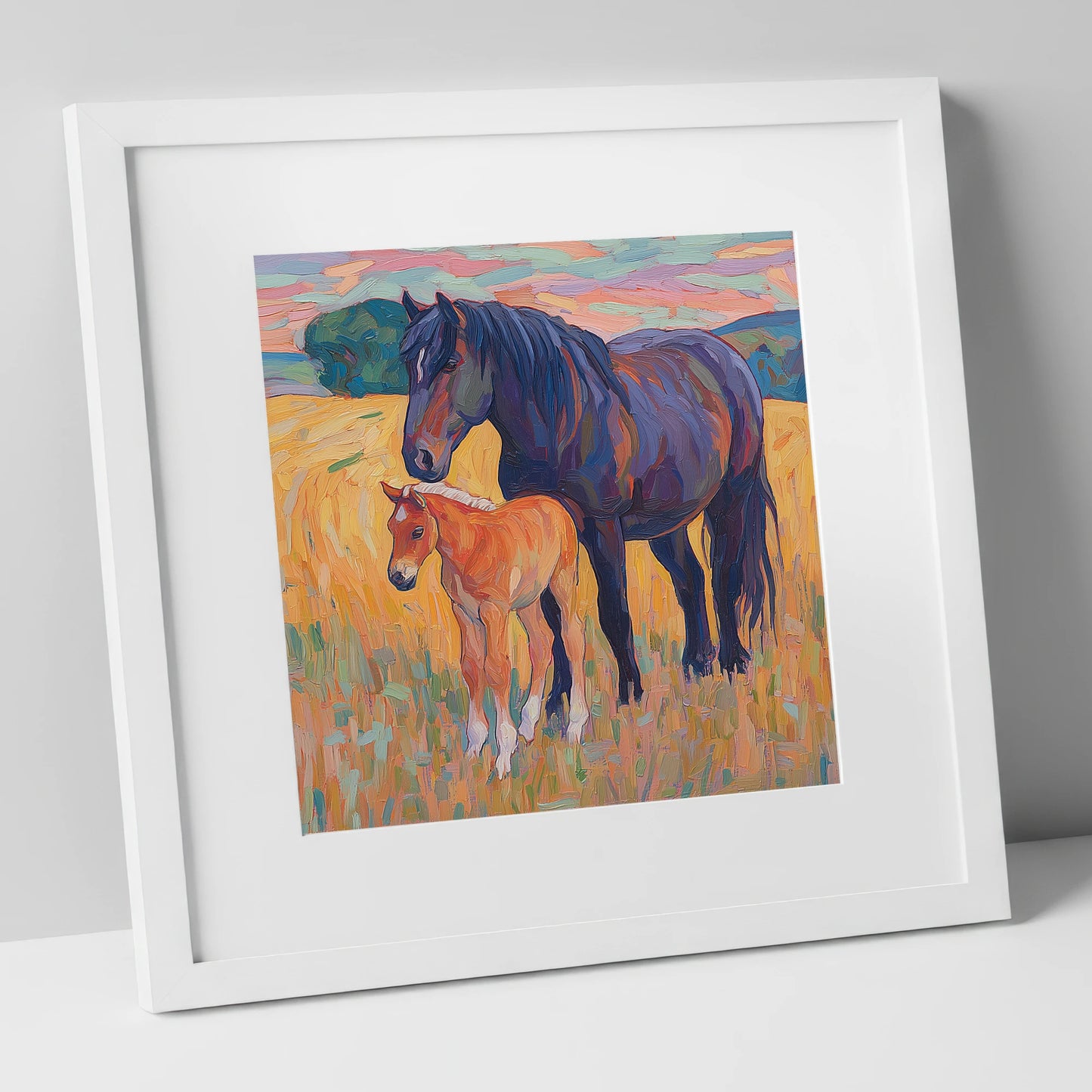 Vibrant Bond Mare and Foal mare & foal art print in white frame