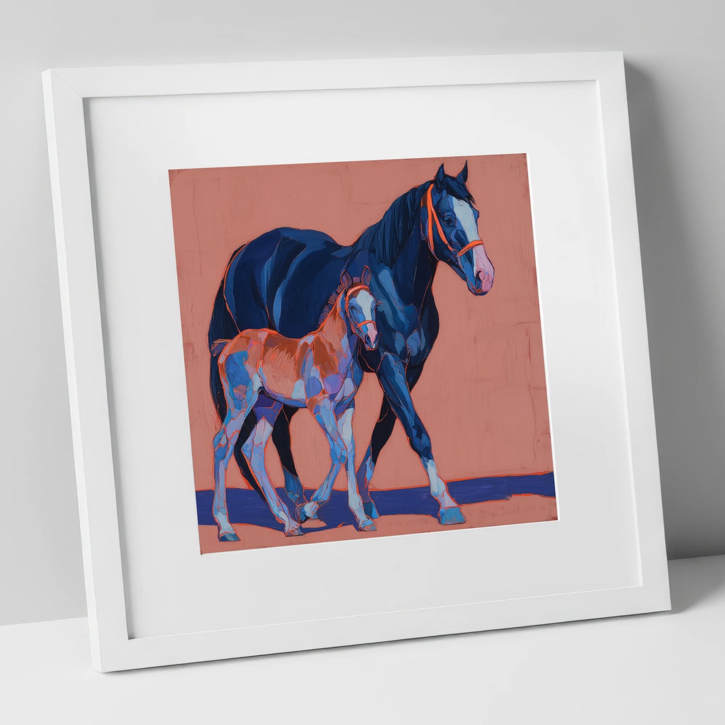 Bold Beginnings mare & foal art print in white frame
