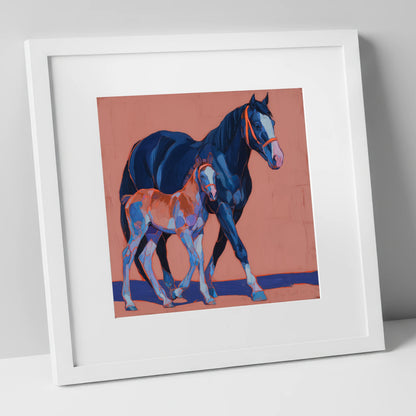 Bold Beginnings mare & foal art print in white frame