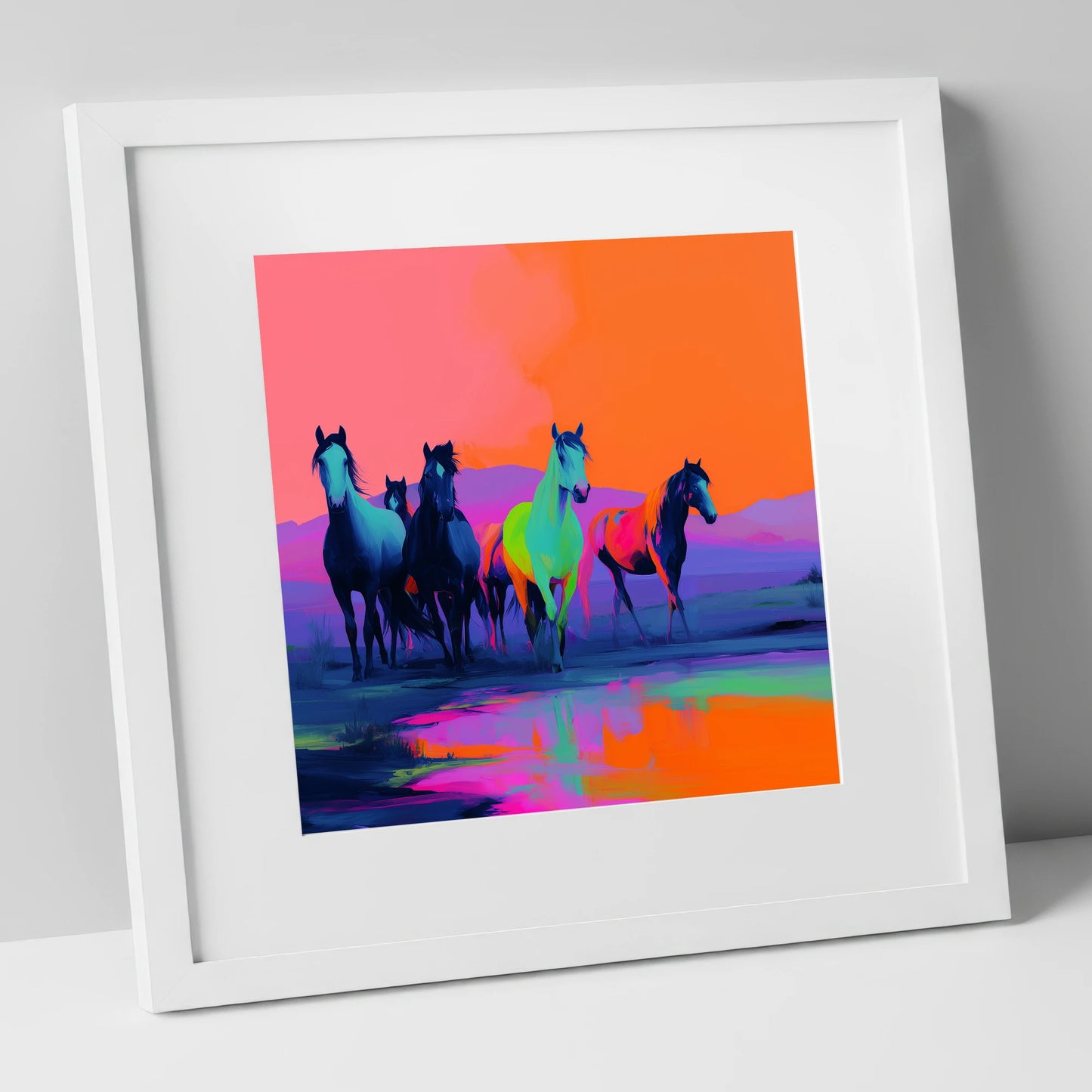 Electric Horizons wild horses art print in white frame