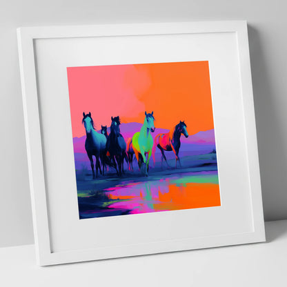 Electric Horizons wild horses art print in white frame