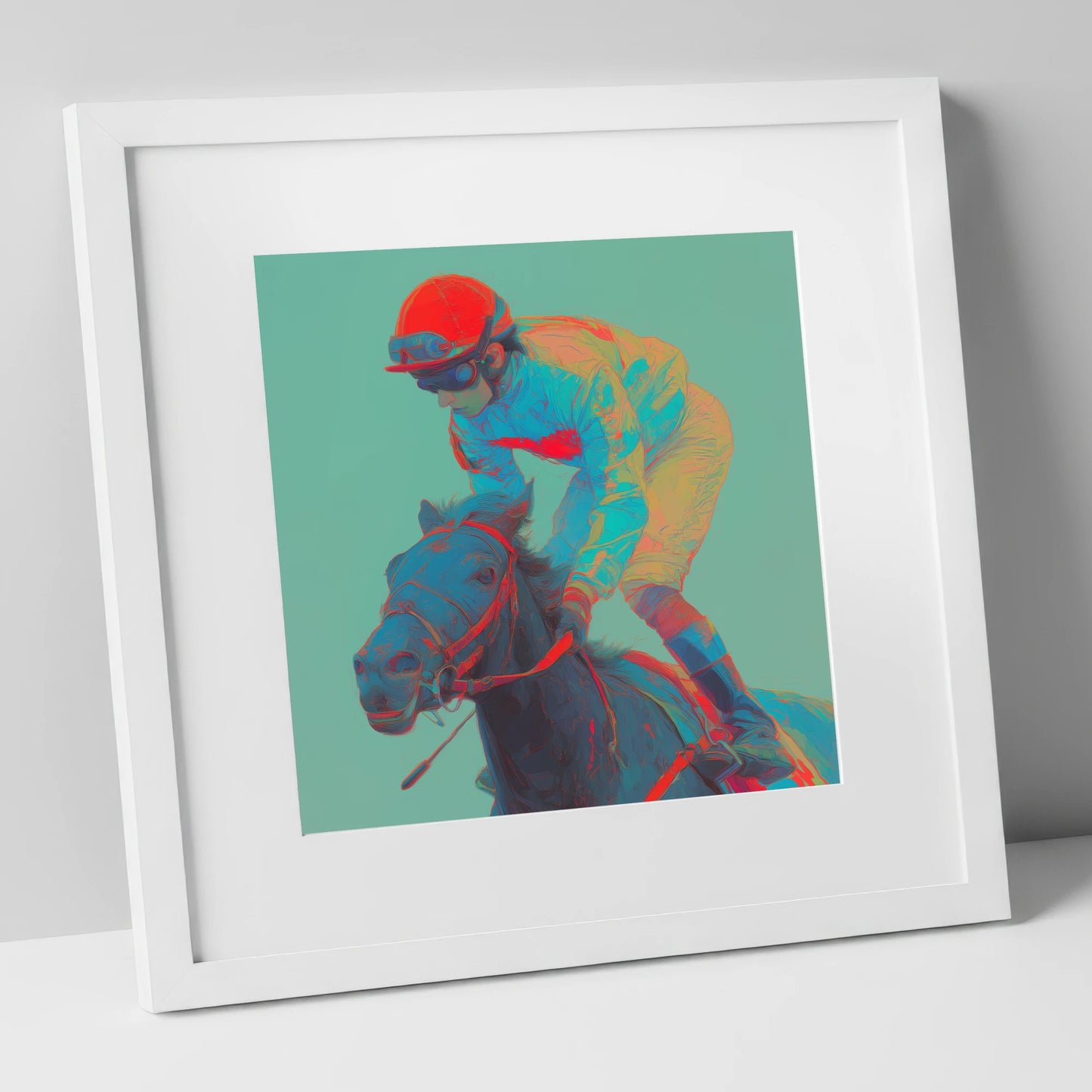 Electric Furlong racing horse art print in white frame