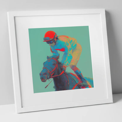 Electric Furlong racing horse art print in white frame