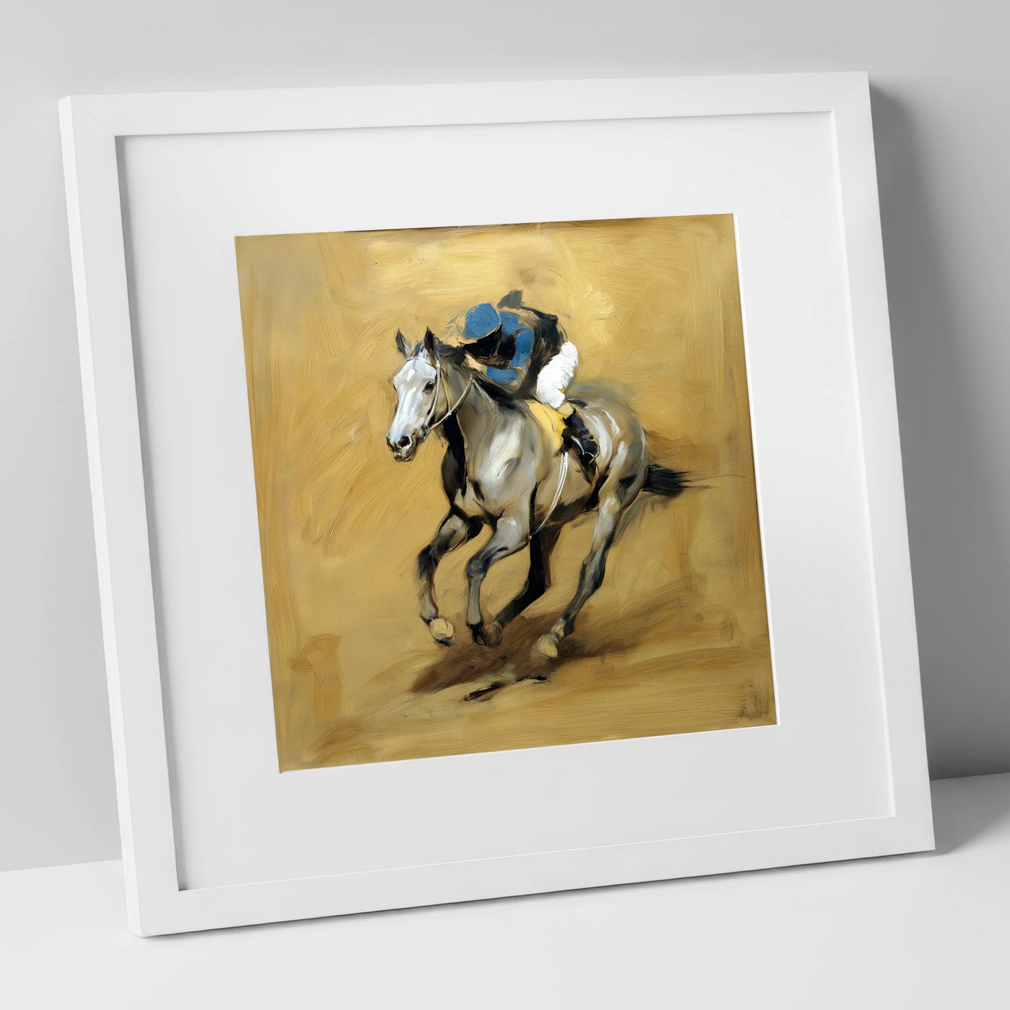 The Grey Challenger racing horse art print in white frame