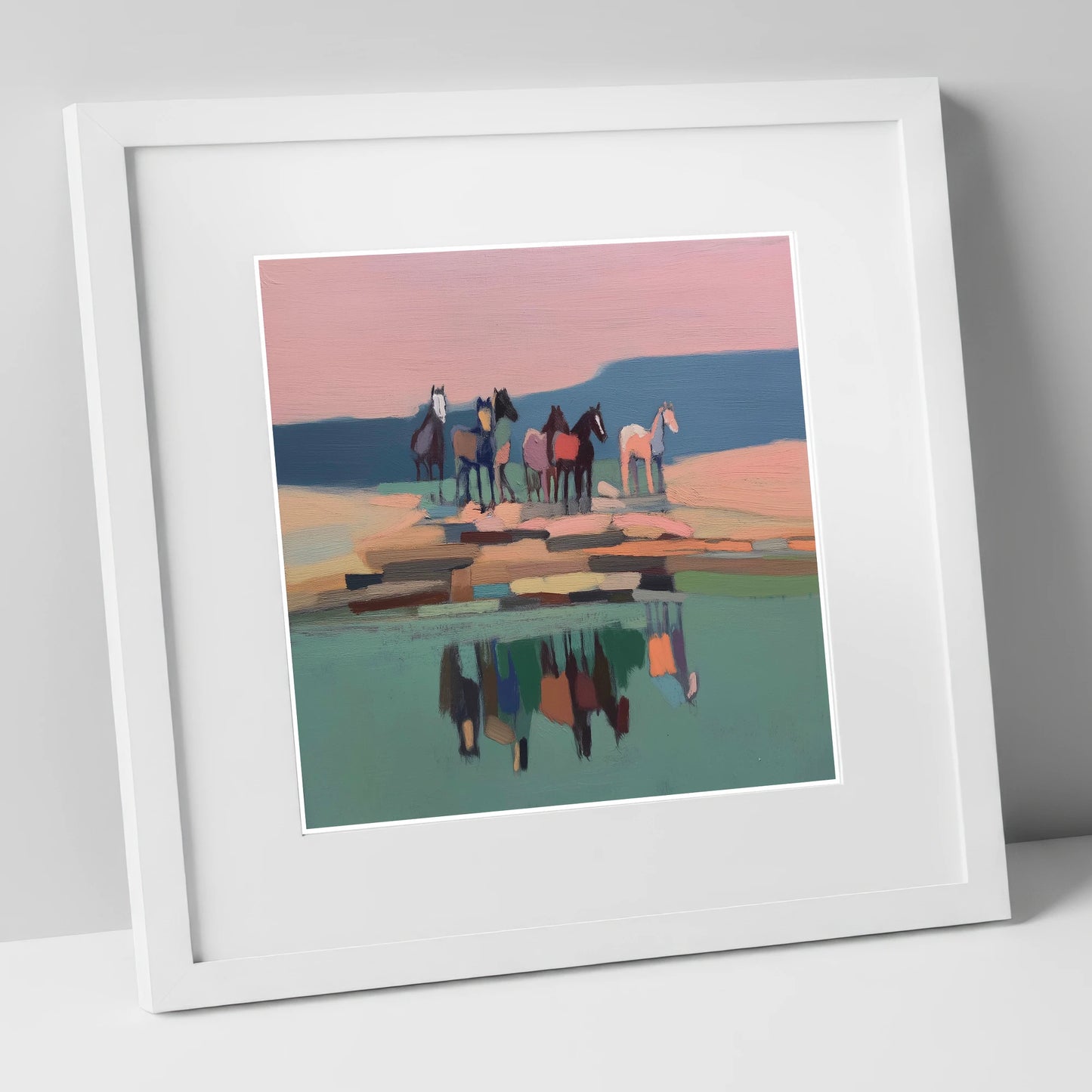 Stillness by the Water wild horses art print in white frame