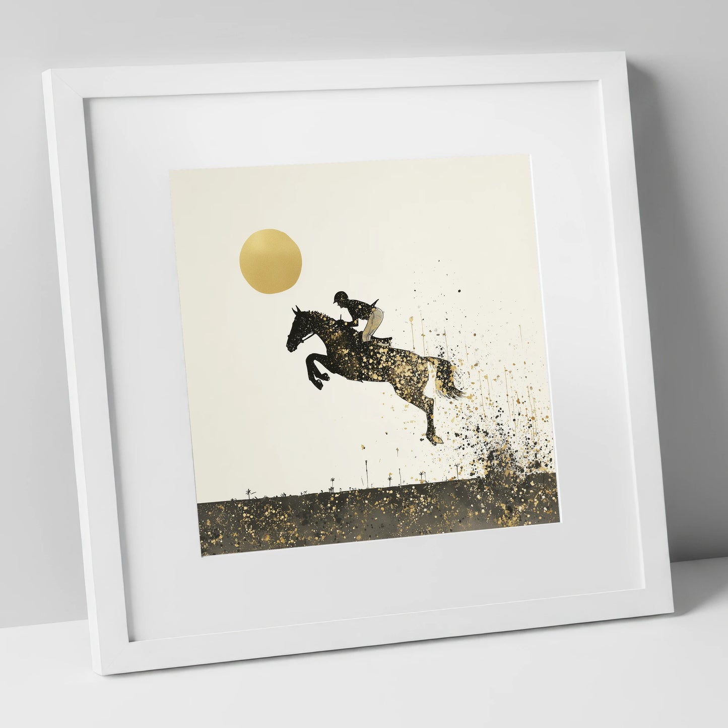 Golden Flight show jumping horse art print in white frame