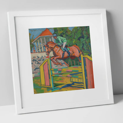 Clearing the Colours show jumping horse art print in white frame
