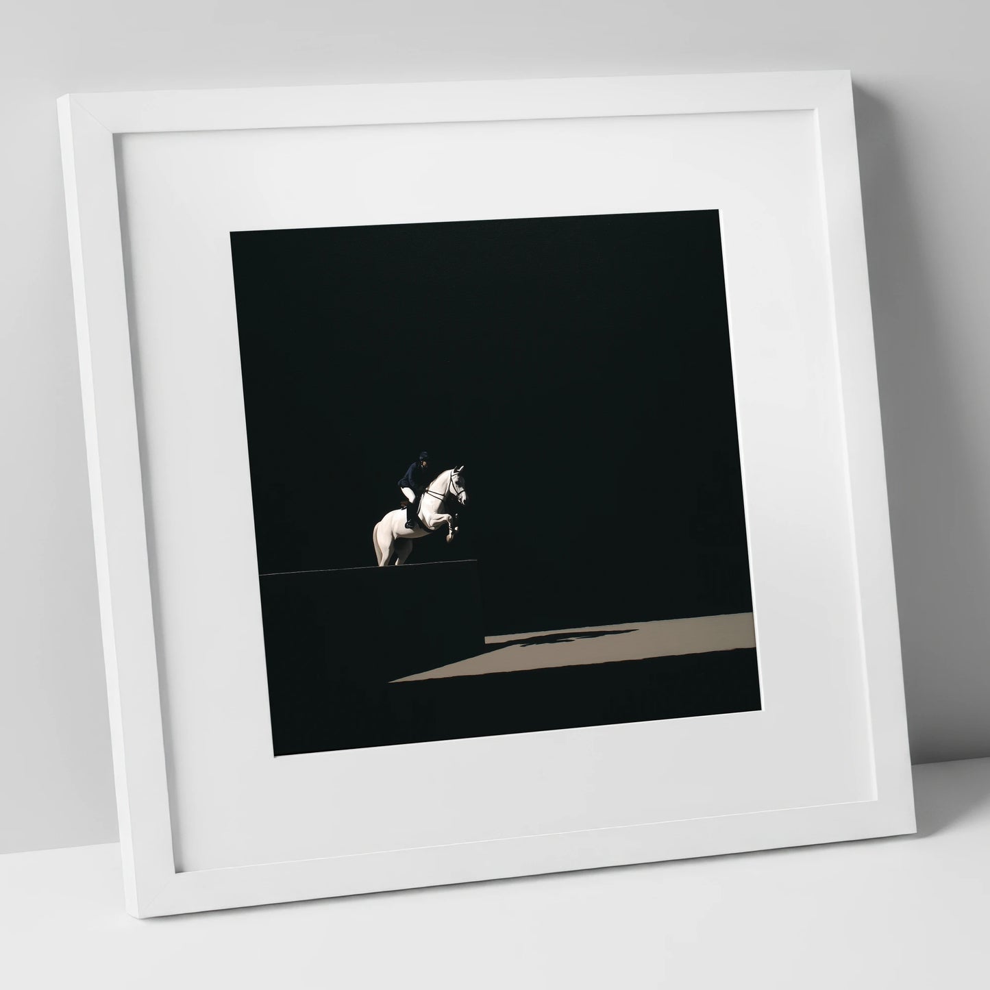 Suspended in Obsidian show jumping horse art print in white frame